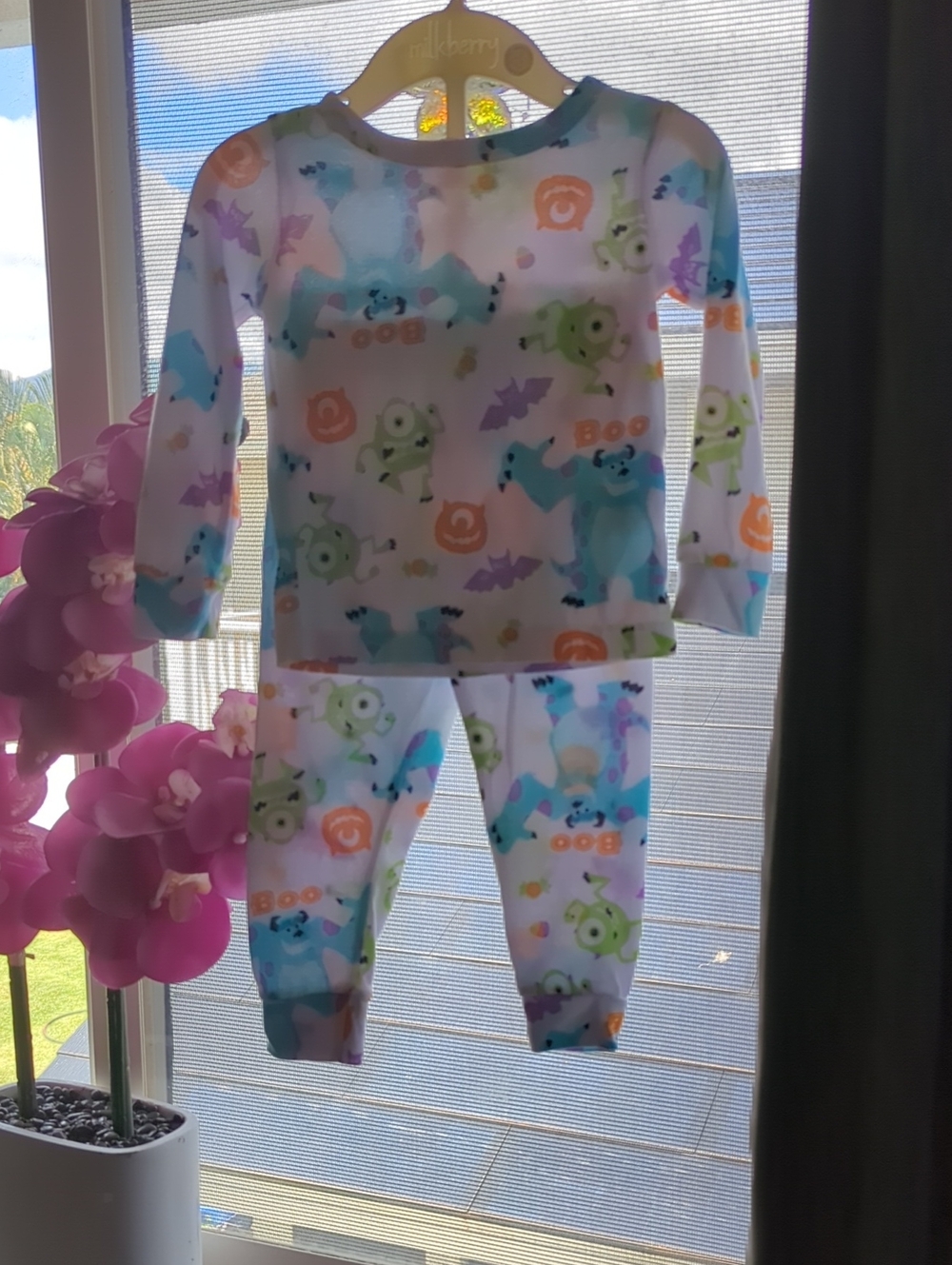 Disney Kids Monster Pajama Set - White, Blue & Green with Orange Accents
